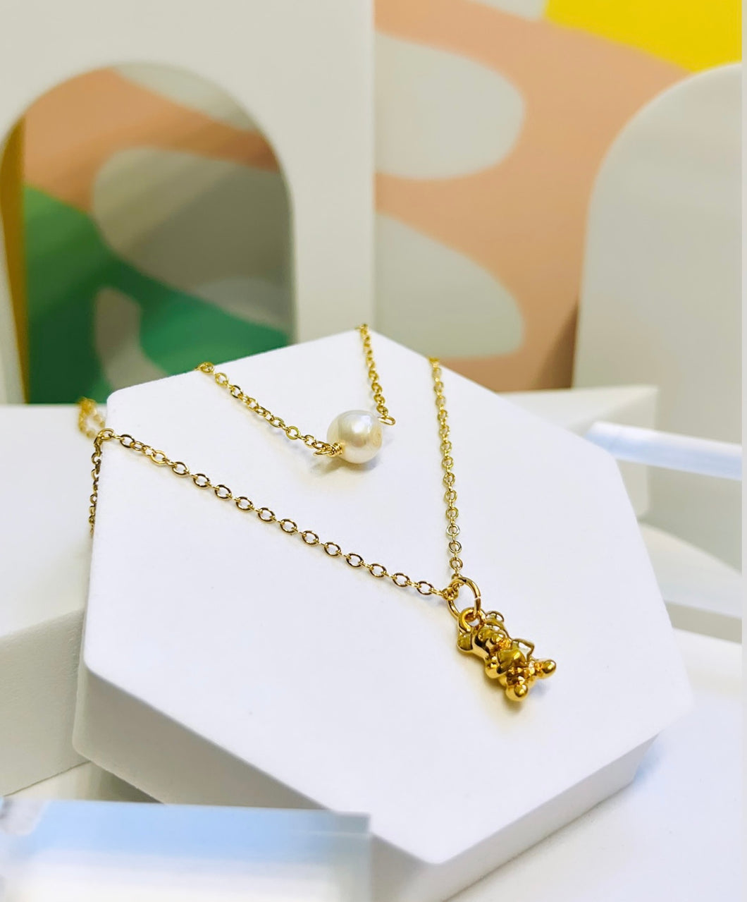 Collar doble perla y oso